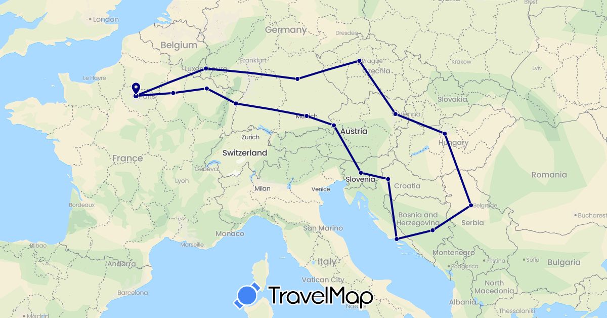 TravelMap itinerary: driving in Austria, Bosnia and Herzegovina, Czech Republic, Germany, France, Croatia, Hungary, Luxembourg, Serbia, Slovenia (Europe)